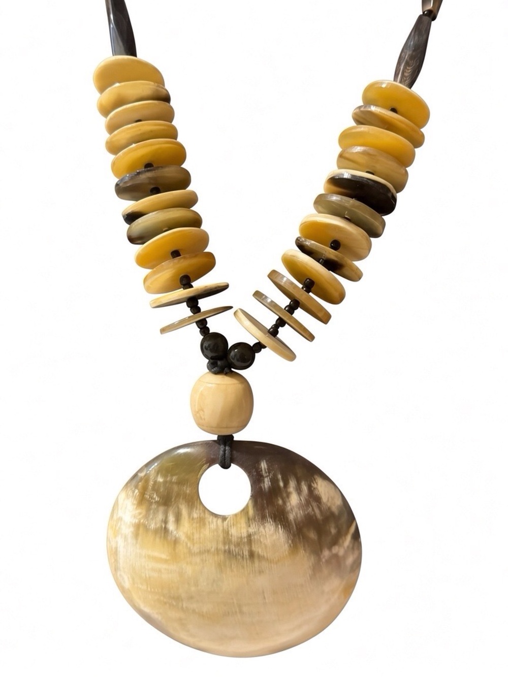 Boho Horn Disc Statement Necklace in Warm Yellow-Brown - Picture 2 of 4